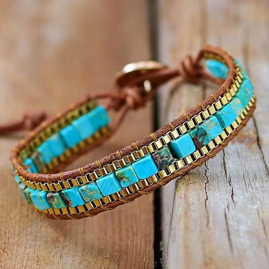Armband Damen Boho-Stil mit Türkissteinen und Quadratischem Kettendesign 0