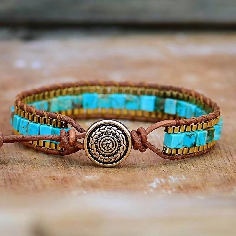 Armband Damen Boho-Stil mit Türkissteinen und Quadratischem Kettendesign 1