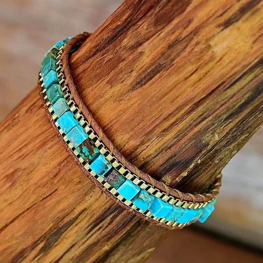 Armband Damen Boho-Stil mit Türkissteinen und Quadratischem Kettendesign 2