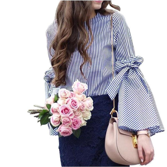 Damen Streifen Bowknot Flare Sleeve