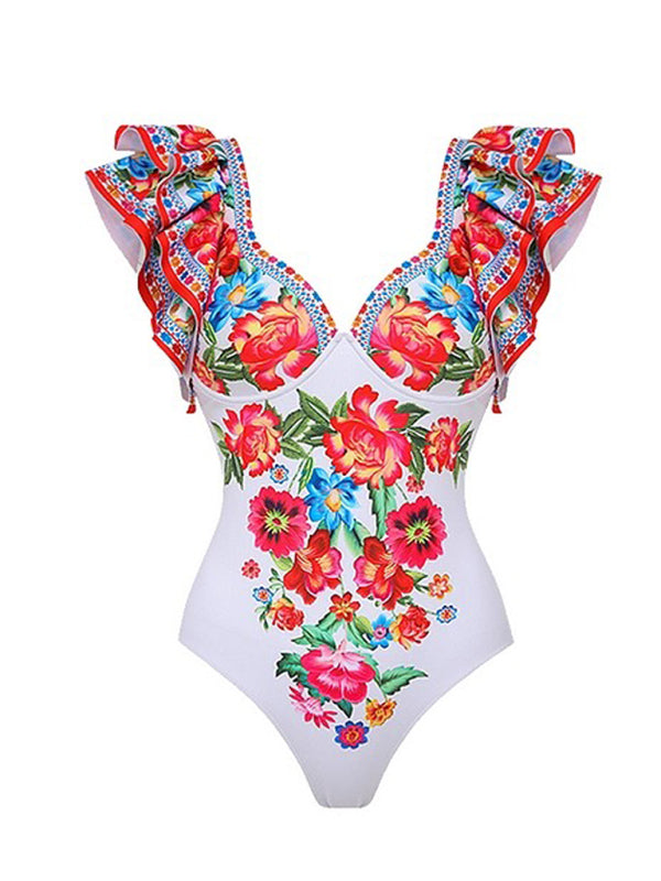 Damen Badeanzug mit Rock und Blumenmuster 11