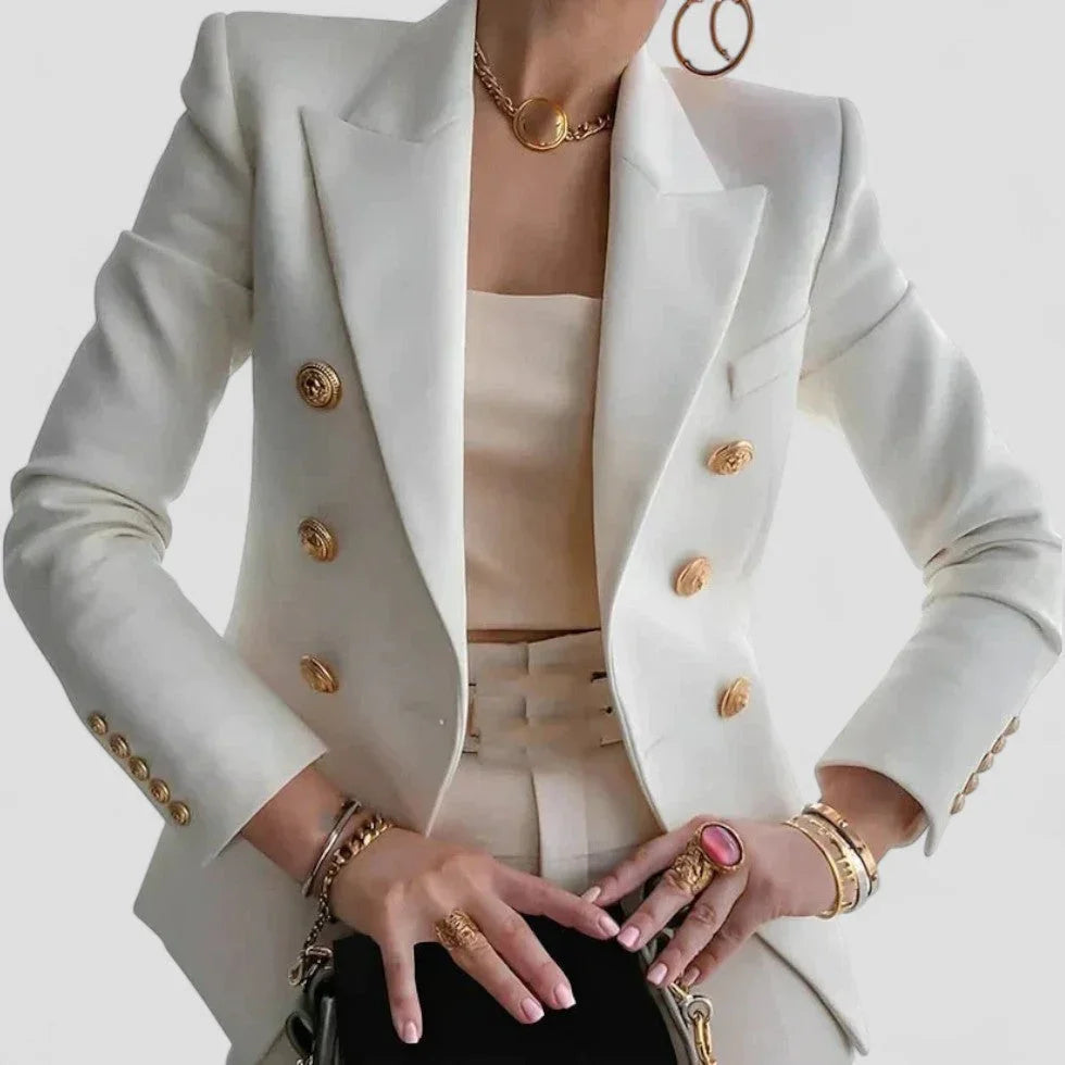 Damen Blazer Zweireihig Mit Goldenen Knöpfen, Taillierte Passform, Strukturierte Schultern 1