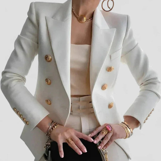 Damen Blazer Zweireihig Mit Goldenen Knöpfen, Taillierte Passform, Strukturierte Schultern 1