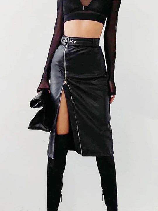 Damen Bleistiftrock Hohe Taille PU-Leder 4