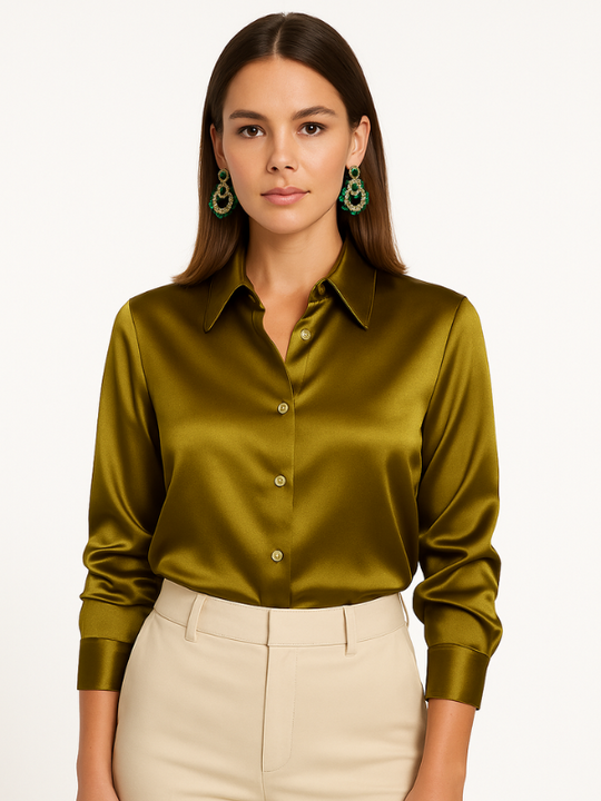 Damen Bluse Satin Knopfverschluss Elegant 10
