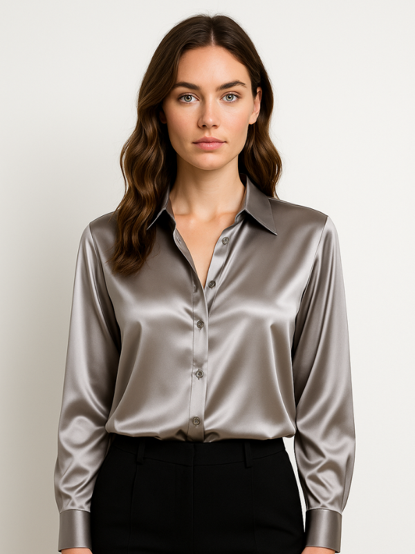 Damen Bluse Satin Knopfverschluss Elegant 9
