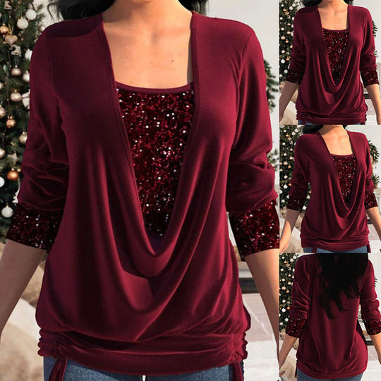 Damen Bluse mit Gedrapeierter Halslinie und Pailletten-Details 2