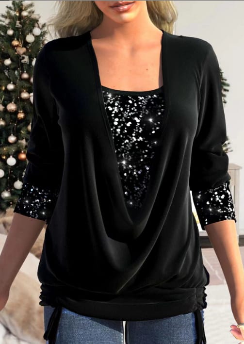 Damen Bluse mit Gedrapeierter Halslinie und Pailletten-Details 9