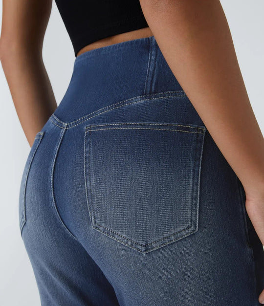 Damen Flared Pants Hochgeschnitten Elastisch Stoffhose 7