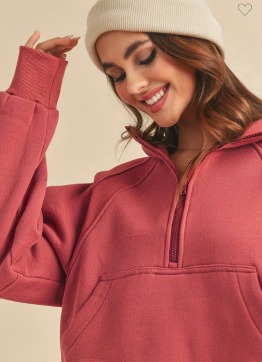 Damen Funnel Neck Halbzip-Top in Beere 1