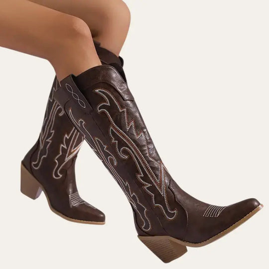 Damen Stiefel Cowboy Boots Imitationsleder Westernstil Braun 2