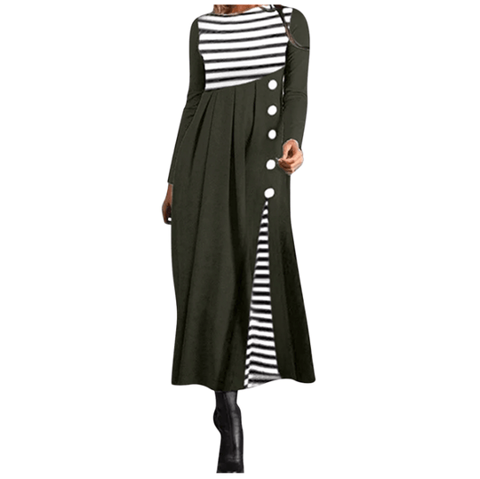 Gestreiftes Langärmeliges Patchwork-Kleid Für Damen