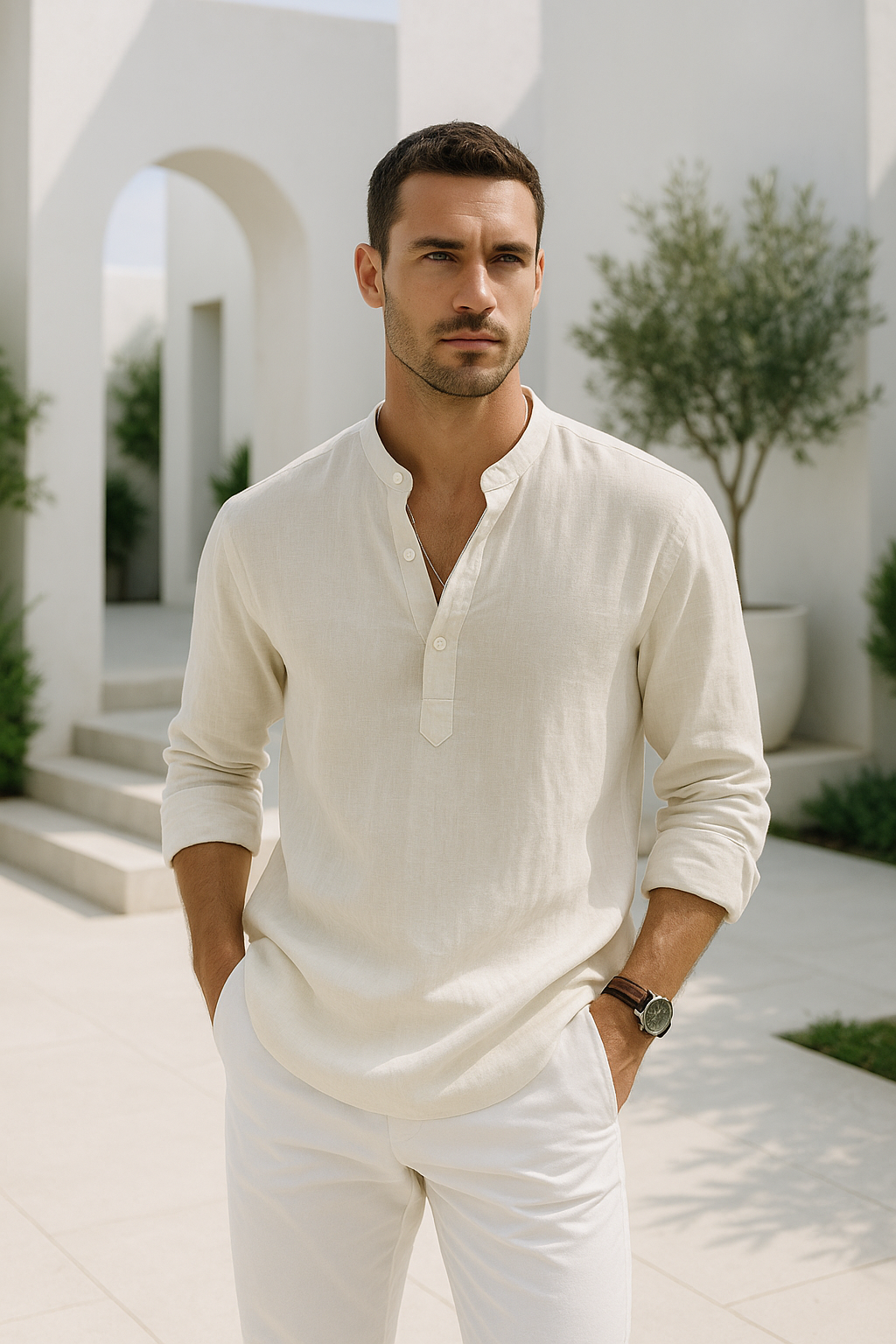 Herren Leinen Hemd Oversize Offene Kragenlinie Langarm Casual 2