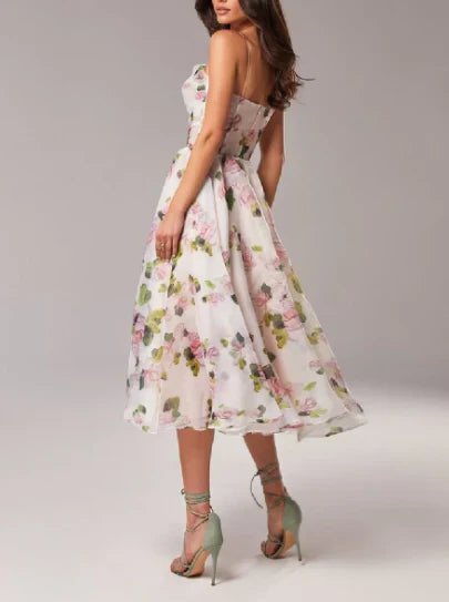 Damen Asymmetrisches Kleid mit Bedruckter Krawatte für Hochzeitsgast und Abendveranstaltungen-4